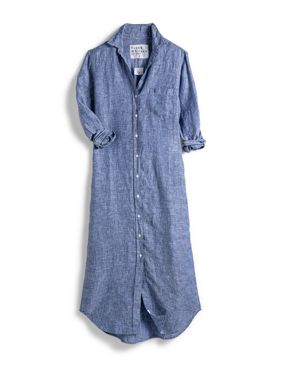 Flat front of Blue Frank & Eileen Rory Maxi Shirtdress in Lived-in Linen