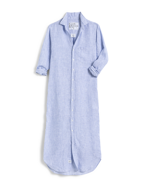 Flat front shot of Soft Blue Frank & Eileen Rory Maxi Shirtdress in Lived-in Linen, view 6