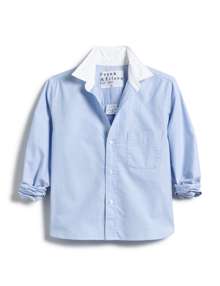 Flat front shot of Blue with White Collar Frank & Eileen Silvio Untuckable Button-Up Shirt in Italian Oxford