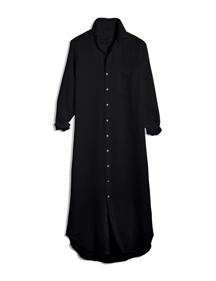 Flat front shot of Black Frank & Eileen Rory Maxi Shirtdress in Organic Voile