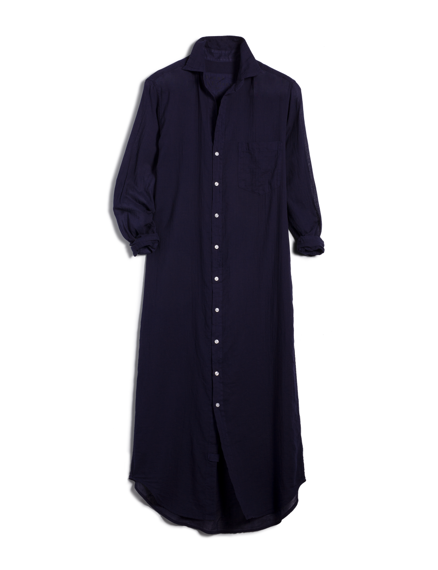 Flat front shot of Navy Blue Frank & Eileen Rory Maxi Shirtdress in Organic Voile